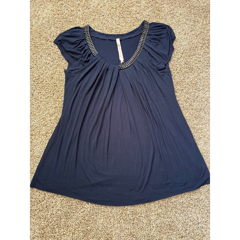 Bailey 44 Navy Blue Chain Neck Cap Sleeve Pleated Top Womens Size Large